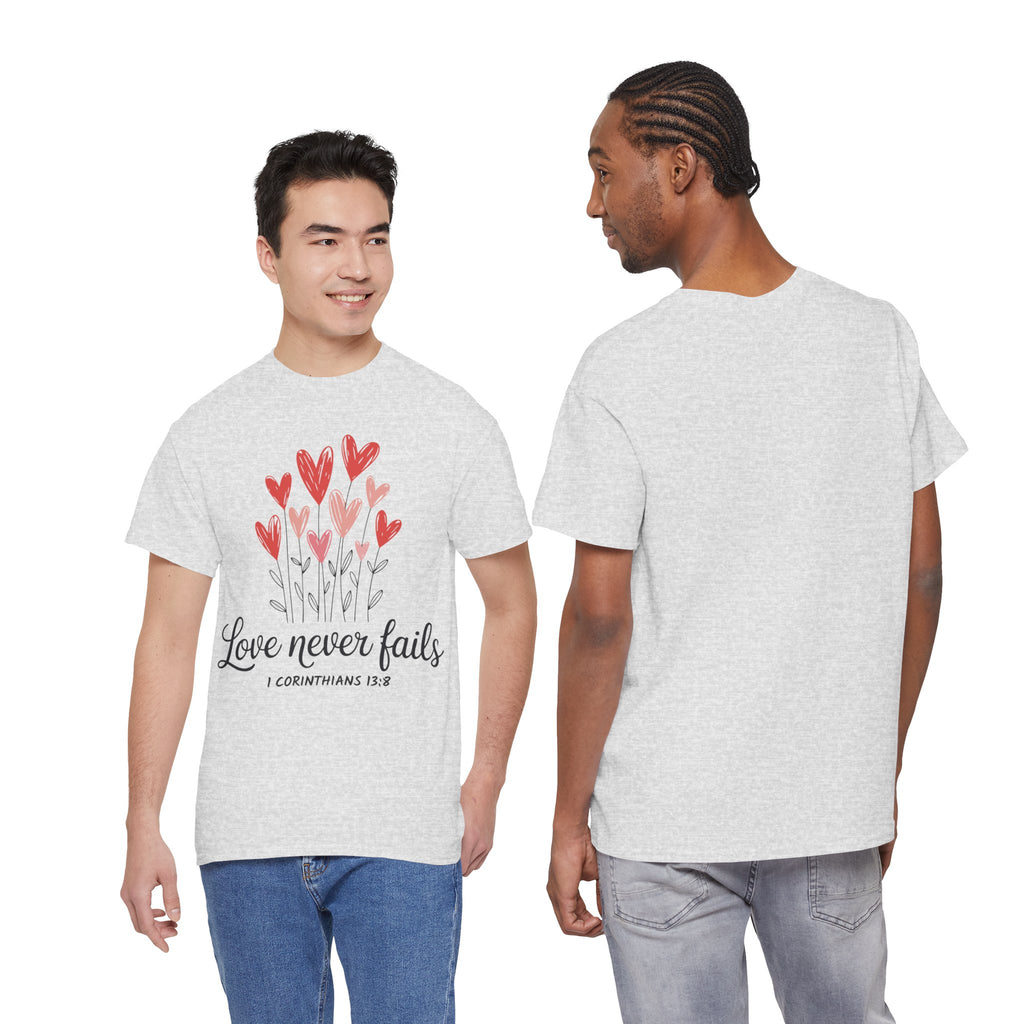Christian Valentine T-Shirt — "Love Never Fails" (1 Corinthians 13:8) Unisex Cotton Tee