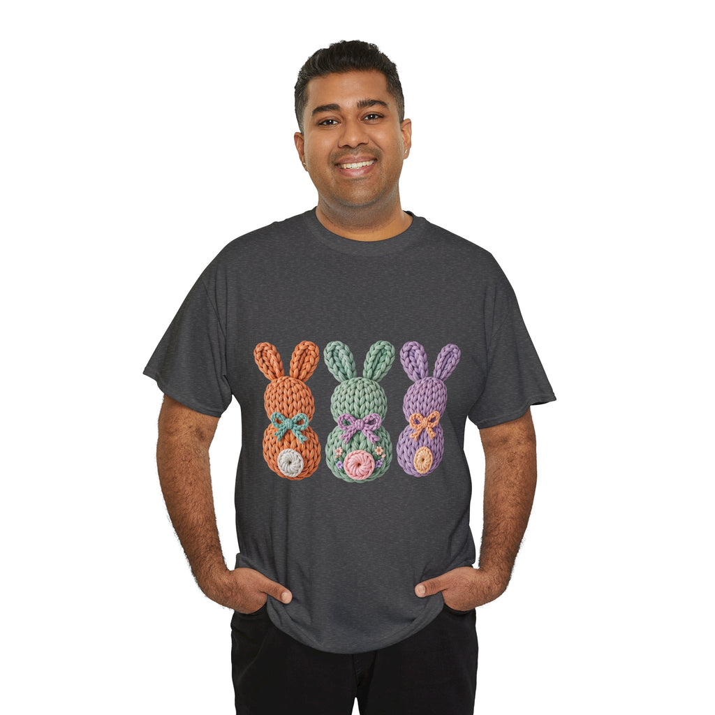Pastel Crochet Bunny Tee — Trio of Faux Knit Bunnies with Bows & Flowers Unisex Cotton Tee