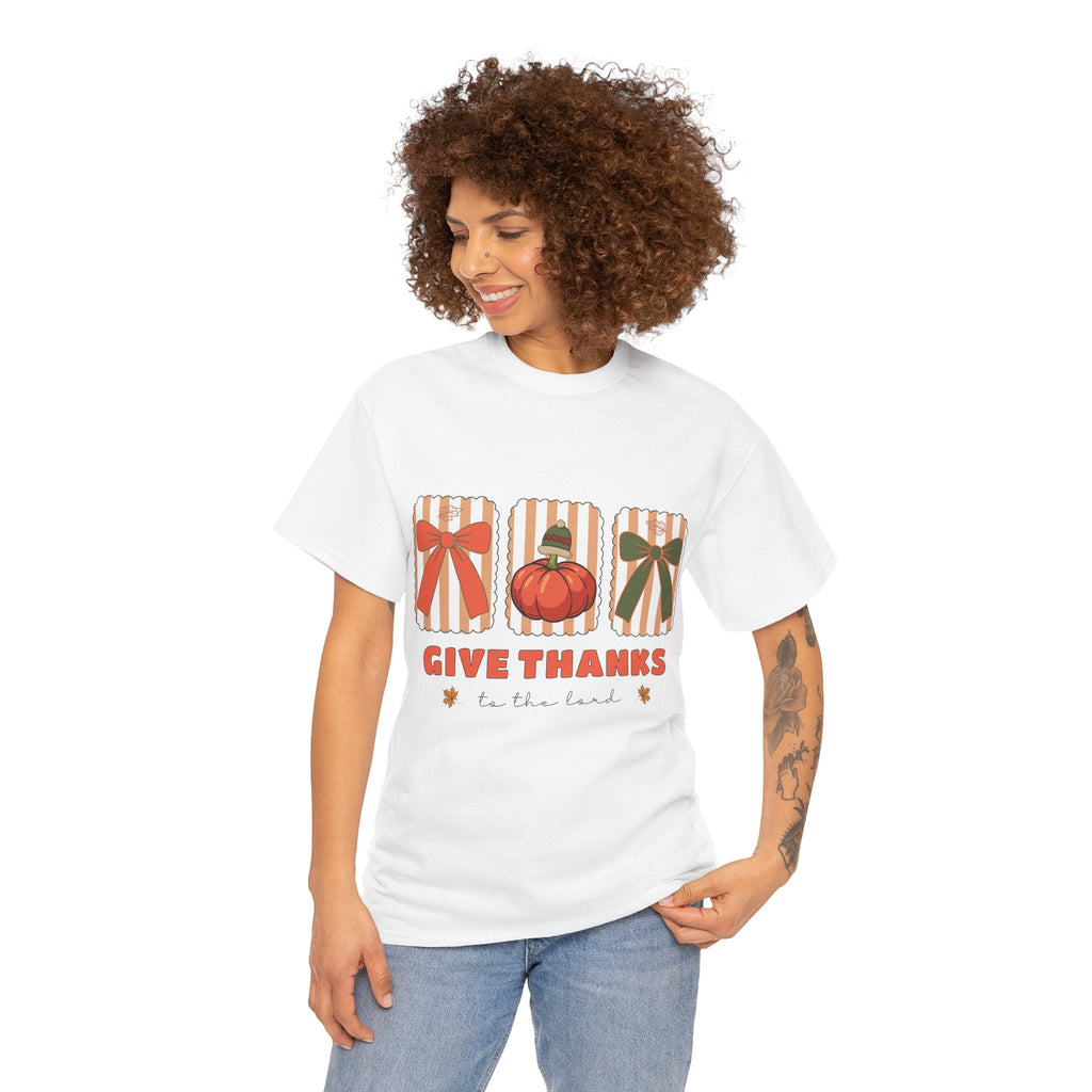 Give Thanks Thanksgiving T-Shirt — Pumpkin with Hat & Bows Unisex Cotton Tee
