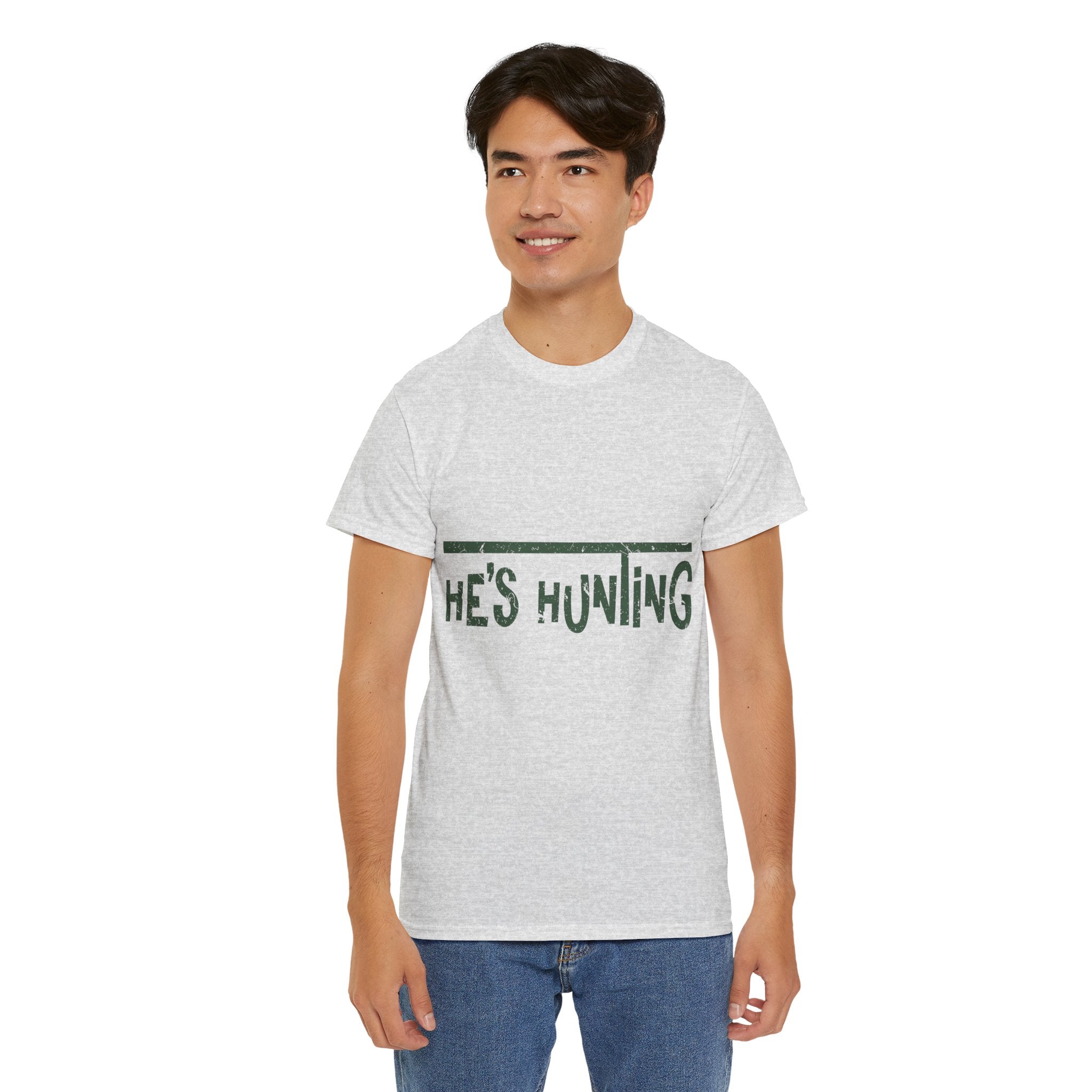 He’s Hunting Distressed Tee — Minimalist Tan Hunting Unisex Cotton Tshirt