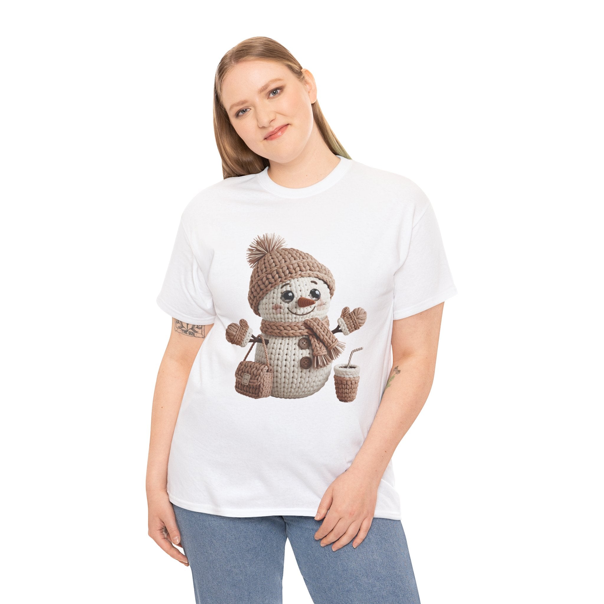 Snowman Knit‑Style Graphic Tee — Cute Faux‑Yarn Snowman with Hat, Scarf & Mittens.Unisex Cotton Tee