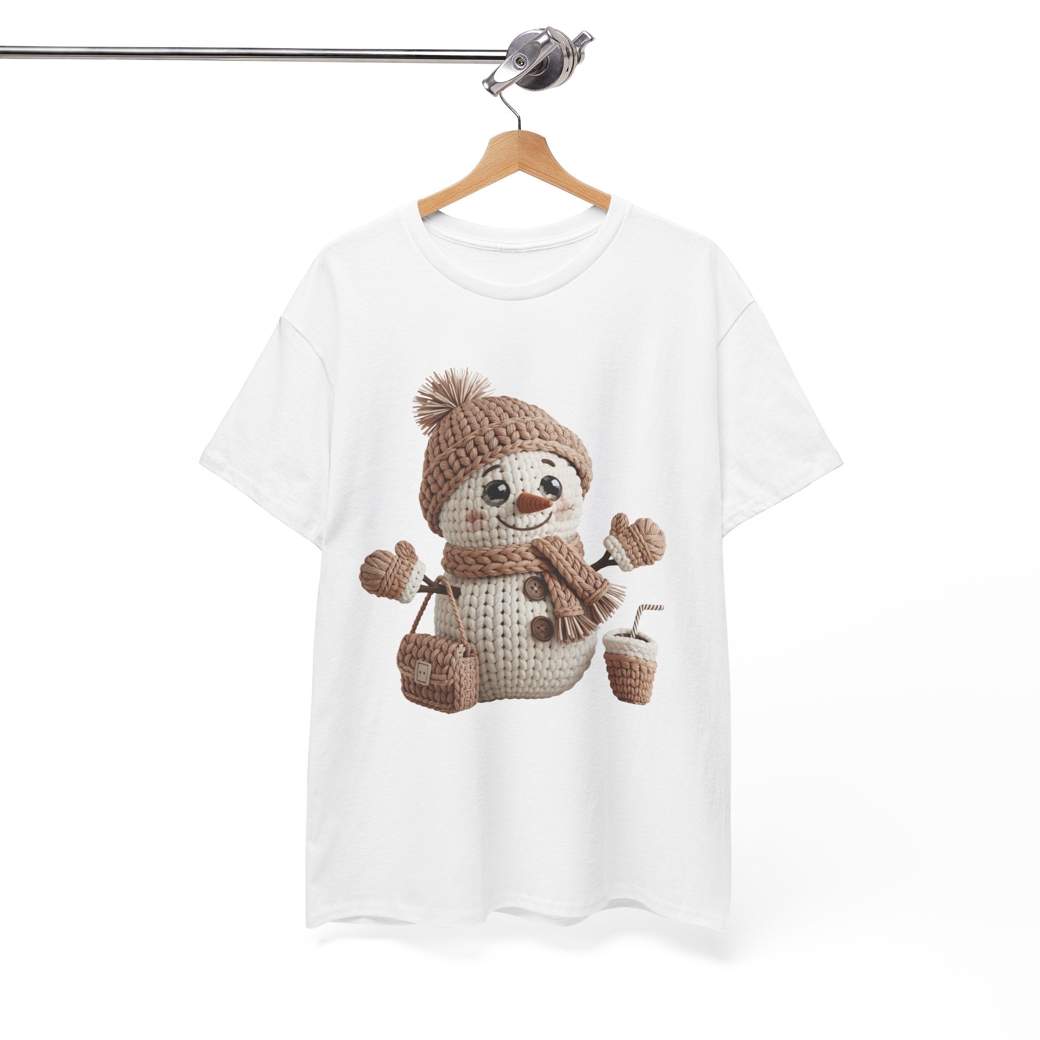 Snowman Knit‑Style Graphic Tee — Cute Faux‑Yarn Snowman with Hat, Scarf & Mittens.Unisex Cotton Tee
