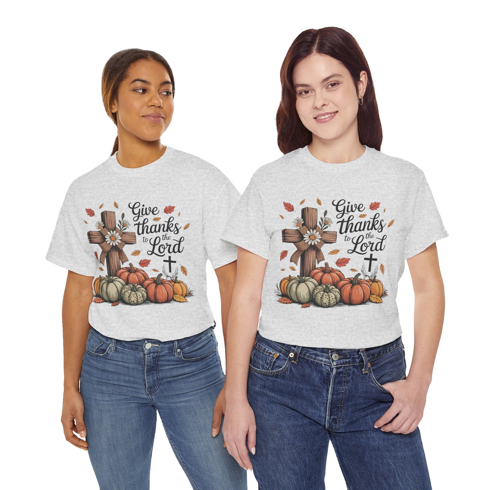 Give Thanks to the Lord Autumn Tee — Wooden Cross, Pumpkins & Daisies..Unisex Cotton Tee