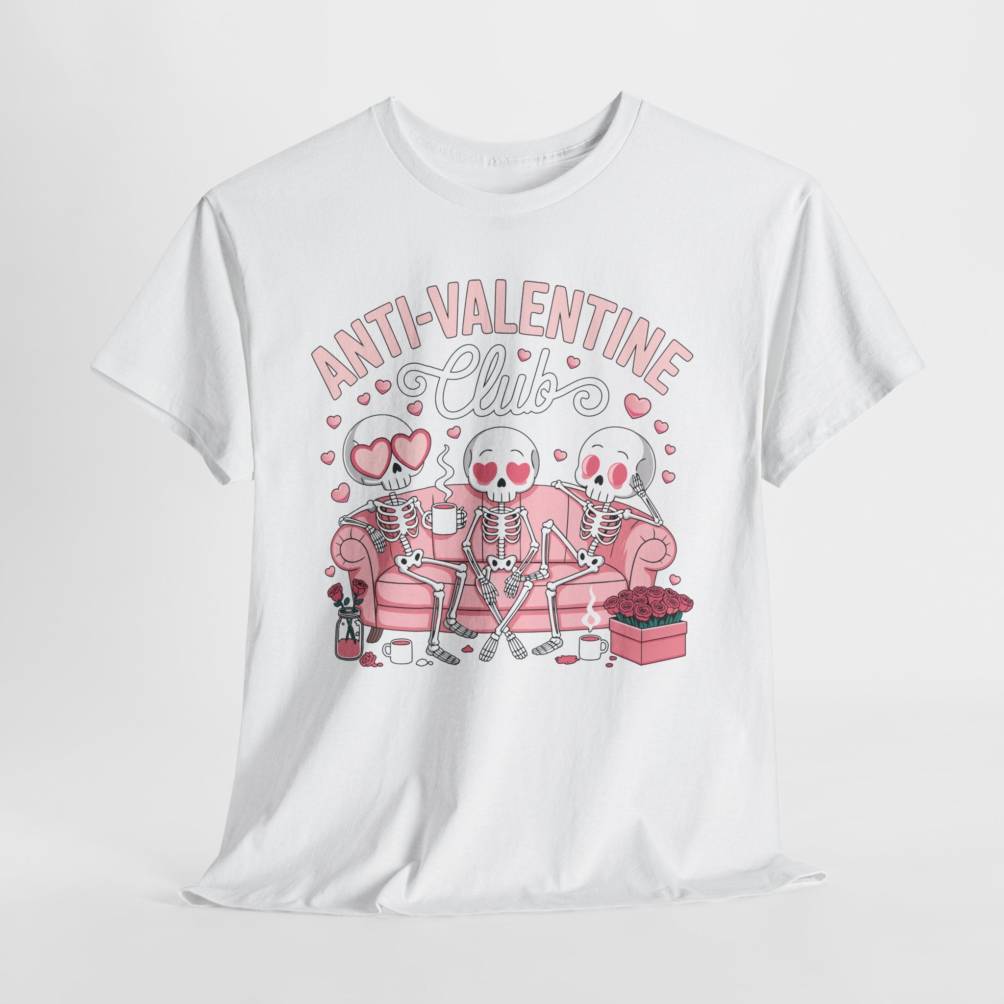 Anti-Valentine Club Skeleton Tee — Anti-Romance Pink Couch Graphic Unisex Cotton T-Shirt
