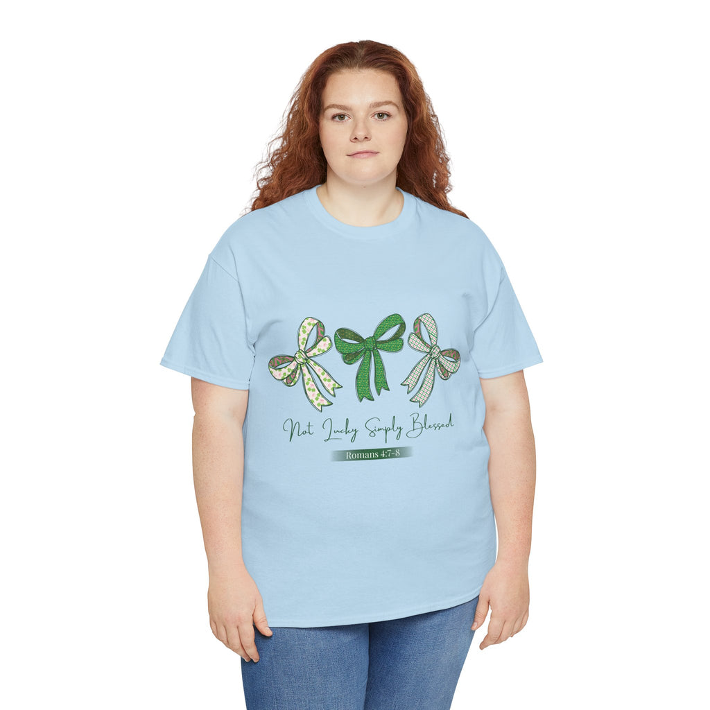 Not Lucky Simply Blessed Tee — Romans 4:7-8 Green Bow Christian Unisex Cotton T-Shirt