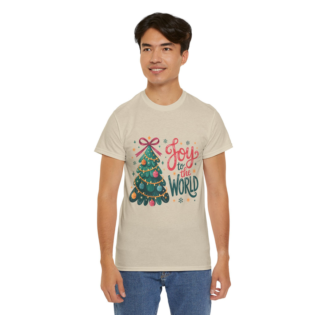 Joy to the World Christmas Tee — Festive Tree with Pink Bow..Unisex Cotton Tee