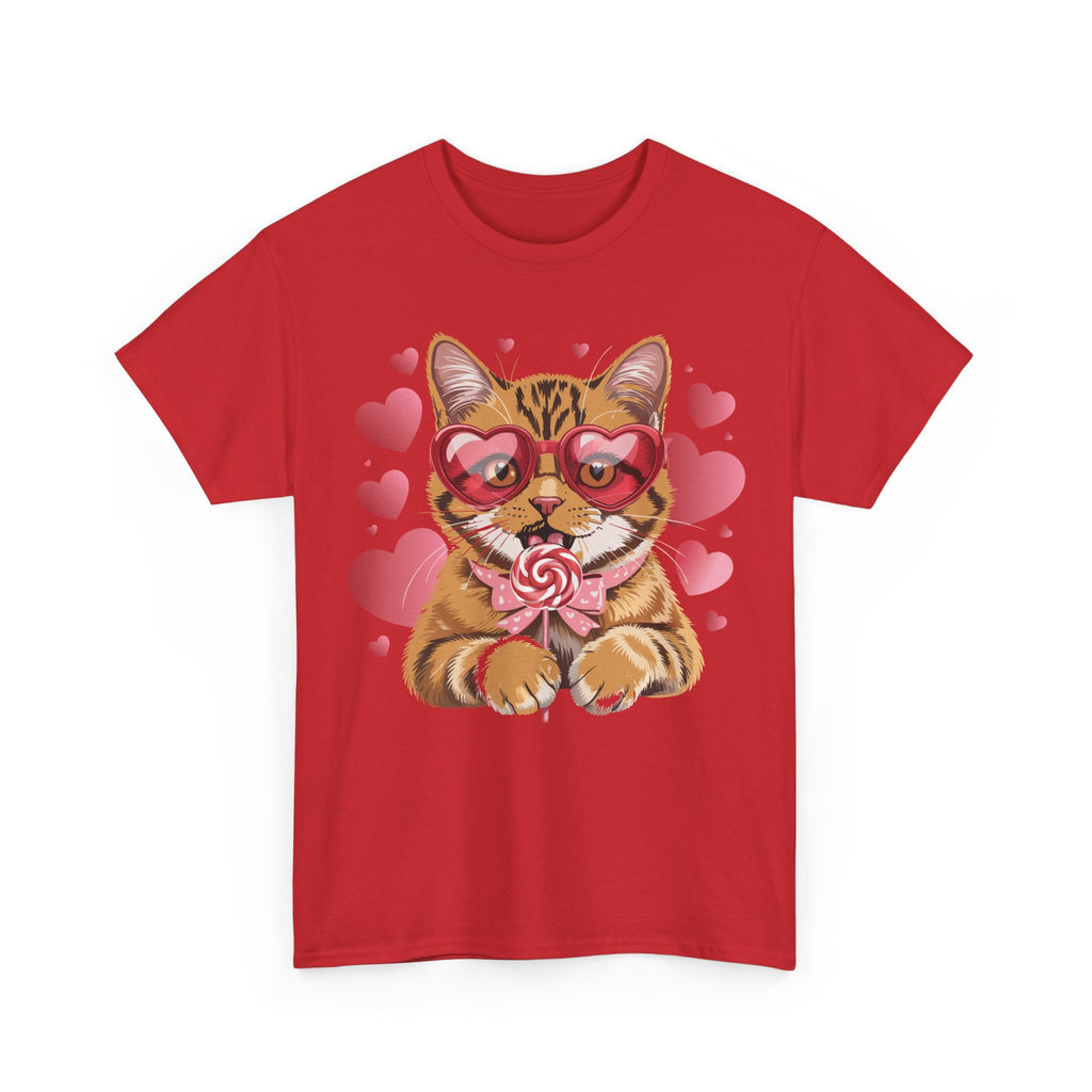 Valentine Cat Tee — Heart Glasses, Lollipop Bow Unisex Cotton Tee
