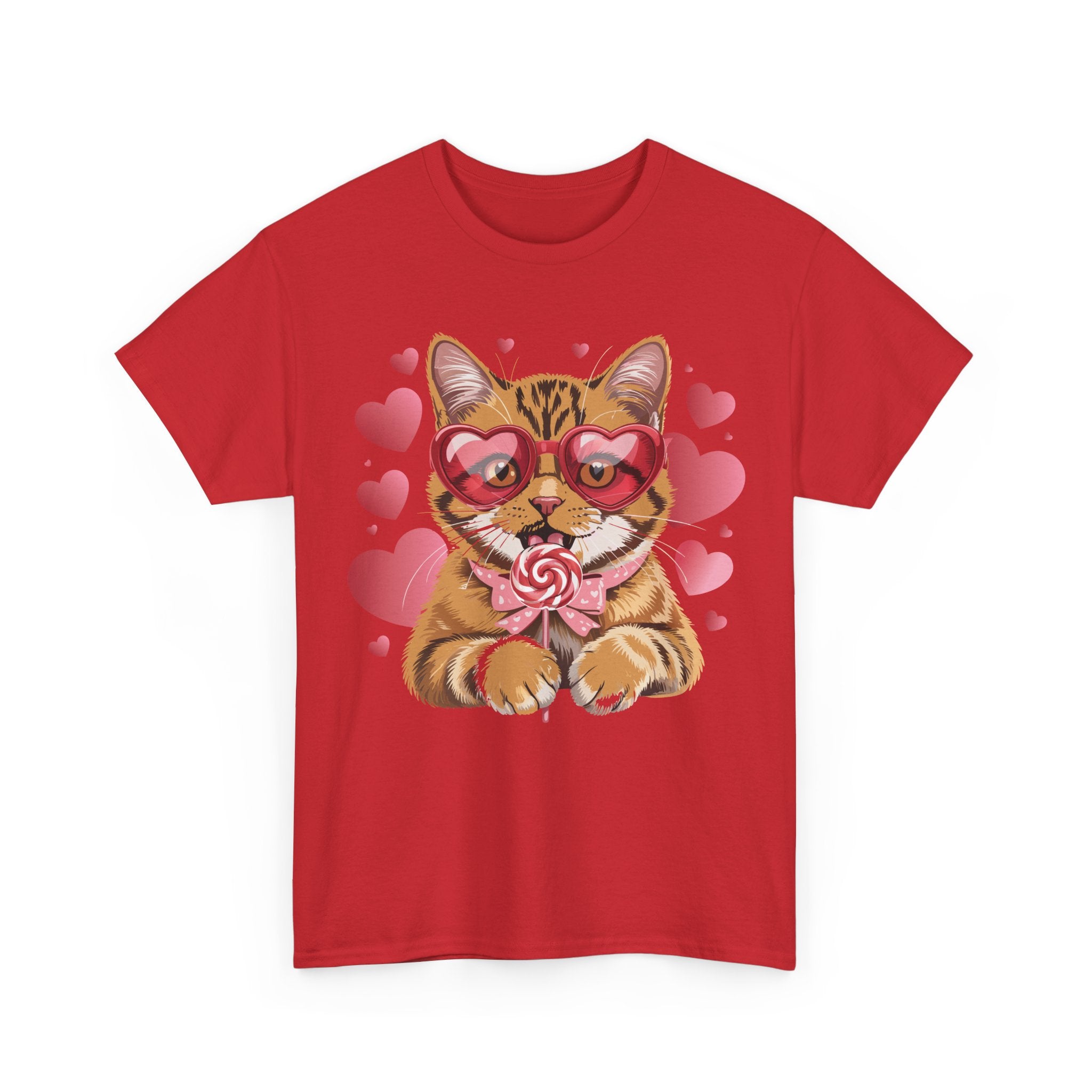 Valentine Cat Tee — Heart Glasses, Lollipop Bow Unisex Cotton Tee