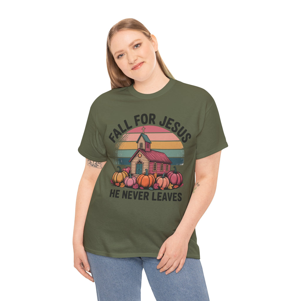 Jesus Leopard Print Fall T-Shirt — Pumpkins, Leaves & Floral Faith Unisex Cotton Tee