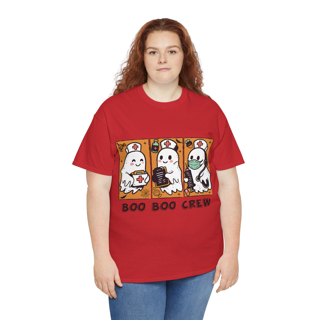 Halloween Nurse T-Shirt — Ghost Nurses Holding Medical Tools on Orange Unisec Cotton Tee