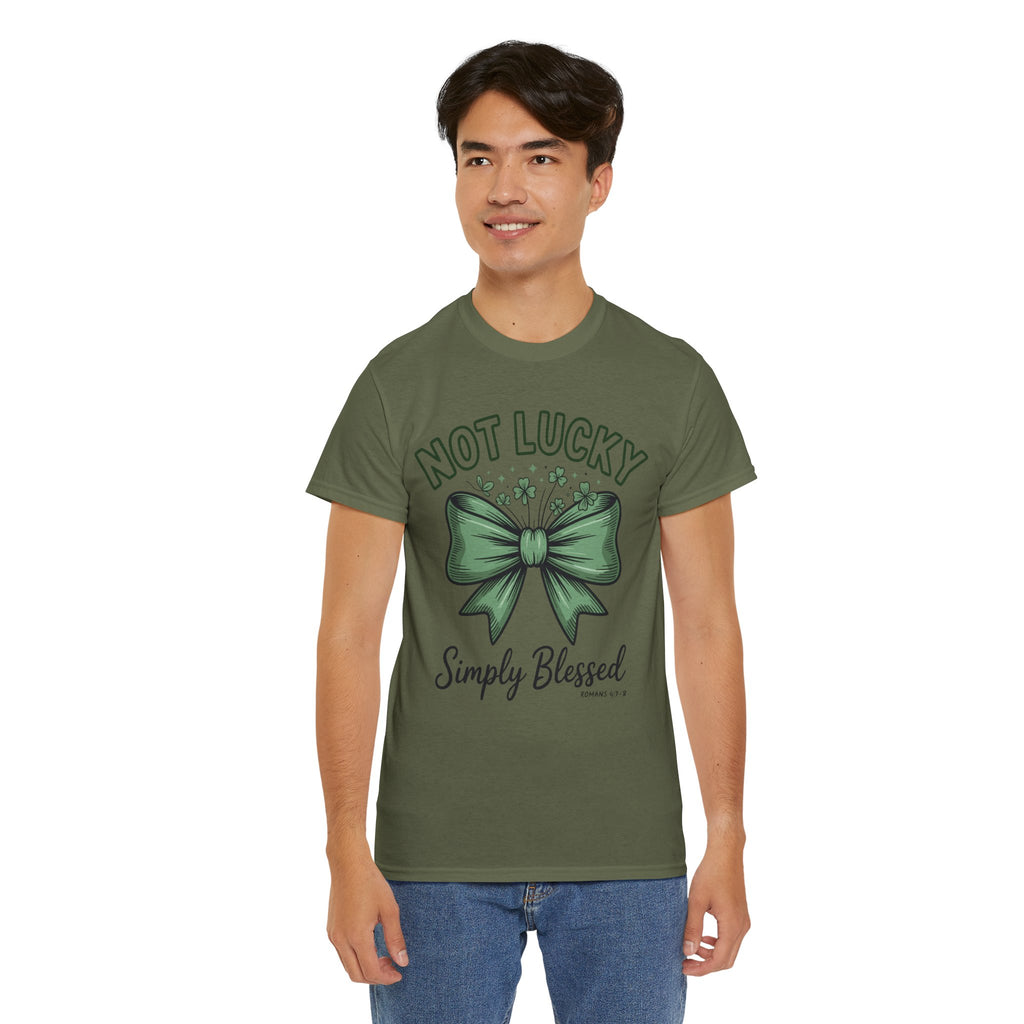 Not Lucky, Simply Blessed T-Shirt — Green Bow & Clovers St. Patrick’s Unisex Cotton Tee