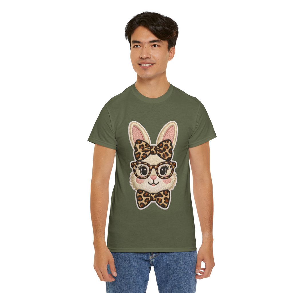 Leopard Bow Bunny Embroidered Tee — Cute Bunny Face with Glasses Patch Unisex Cotton Tee