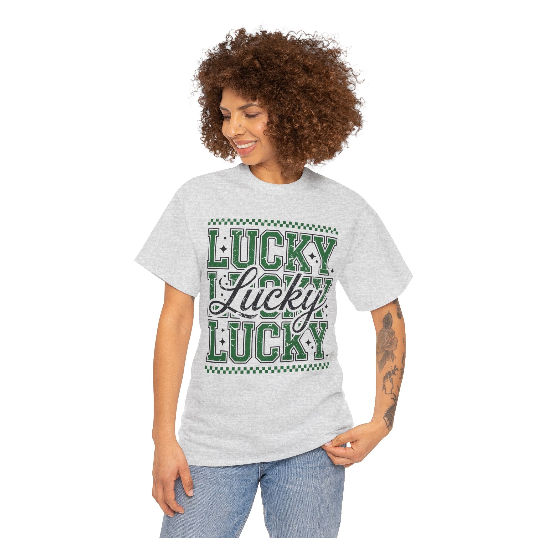 Lucky Varsity Tee — Layered Green ‘Lucky’ Graphic Unisex Cotton Tee