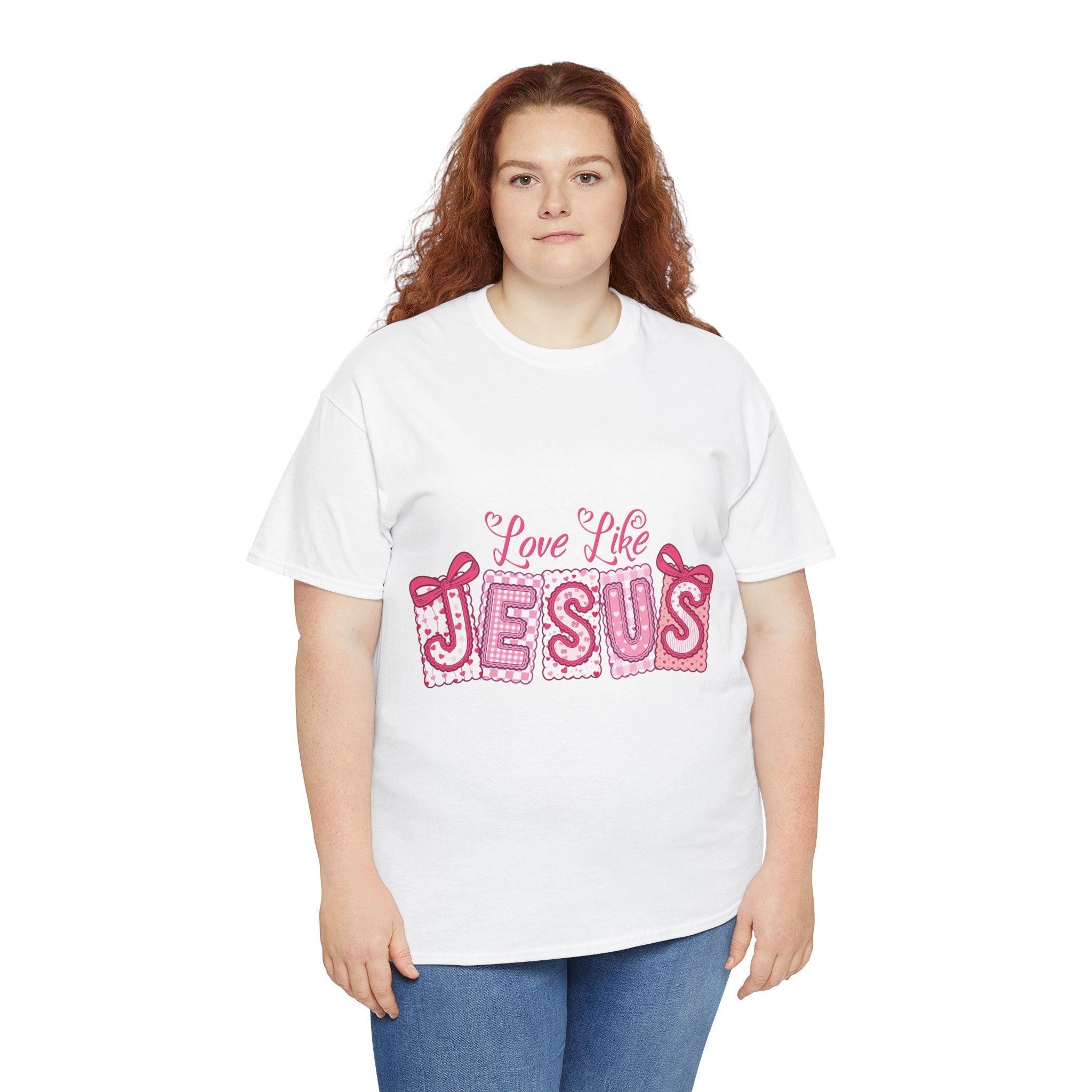 Love Like Jesus Patchwork Tee — Pink Stitched Heart Graphic.Unisex Cotton Tee