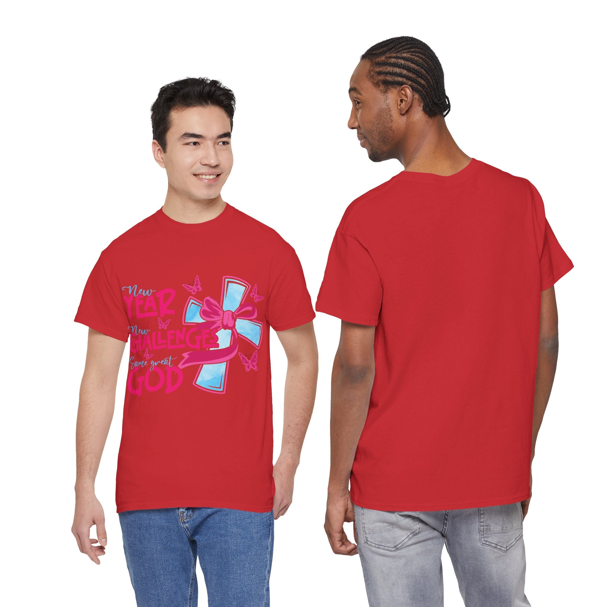 Christian T-Shirt — “New Year, New Challenges, Same Great God” with Pink Bow Cross & Butterflies. Unisex Cotton Tee