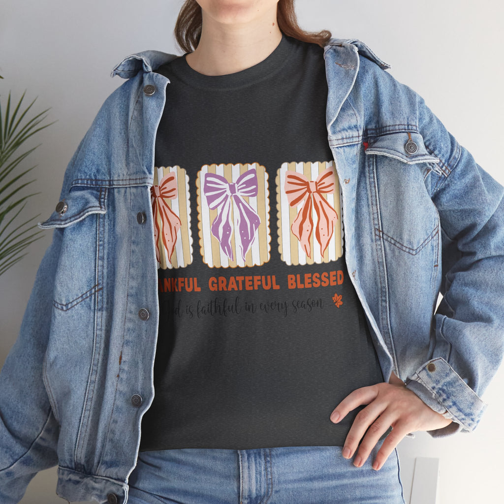 Thankful Grateful Blessed Fall Tee — God Is Faithful Pastel Bows..Unisex Cotton Tee