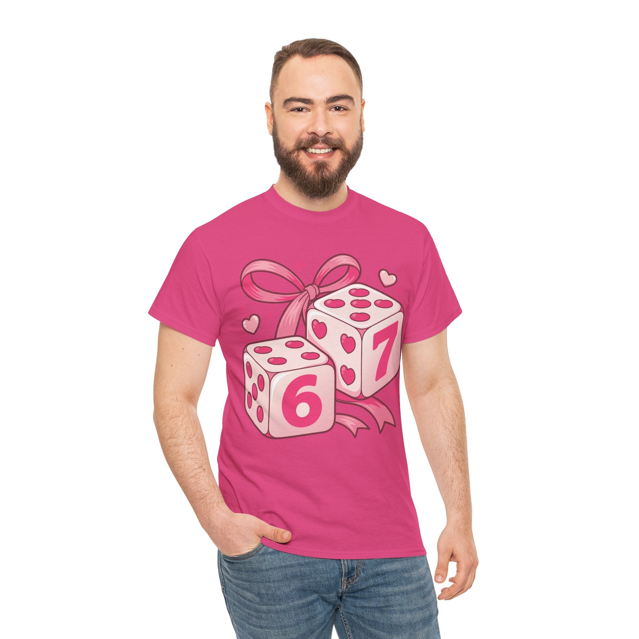 Lucky Love Dice T-Shirt — Pink Heart Dice with Bow..Unisex Cotton Tee