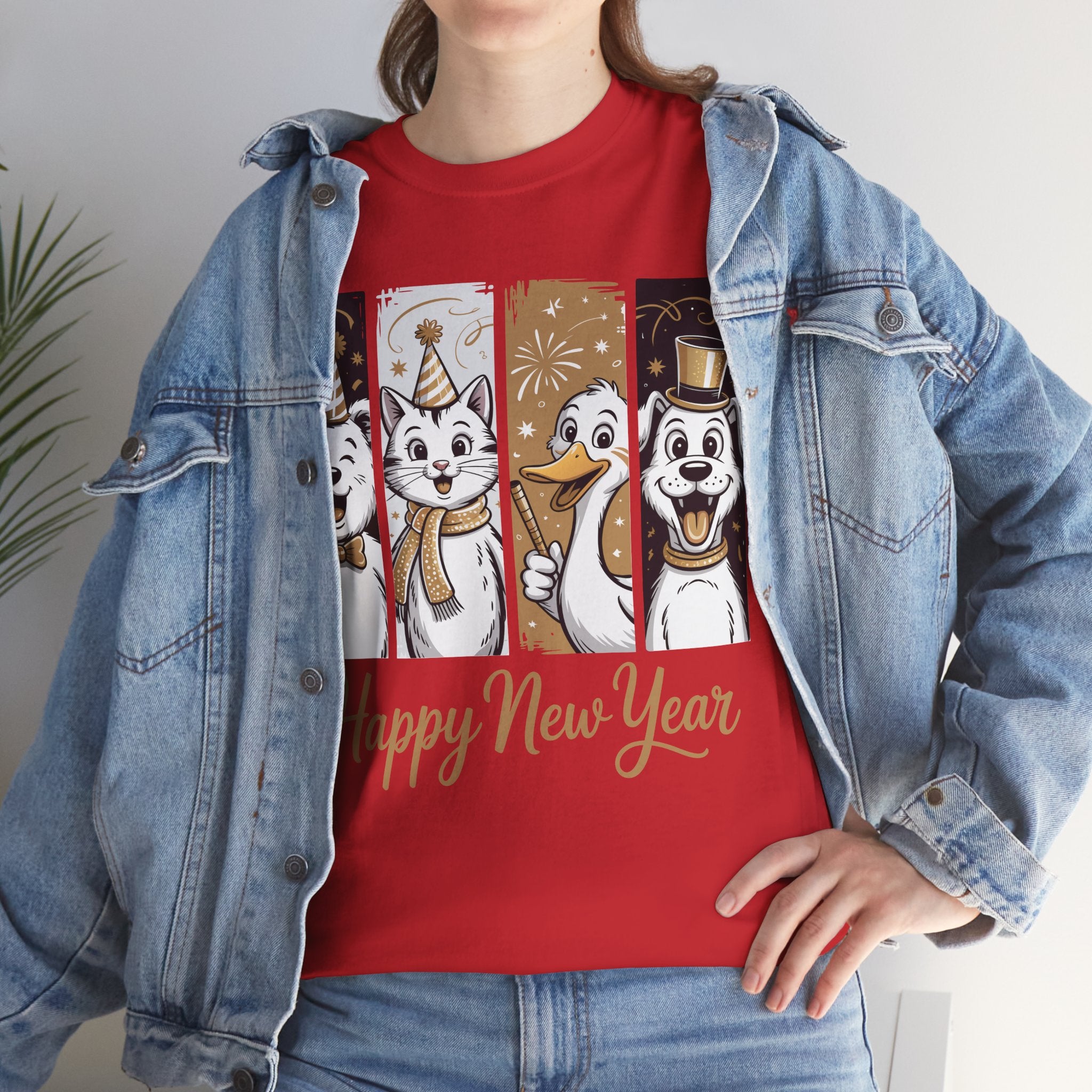 Happy New Year Party Animals T-Shirt — Cute Smiling Animals in Party Hats & Gold Fireworks..Unisex Cotton Tee