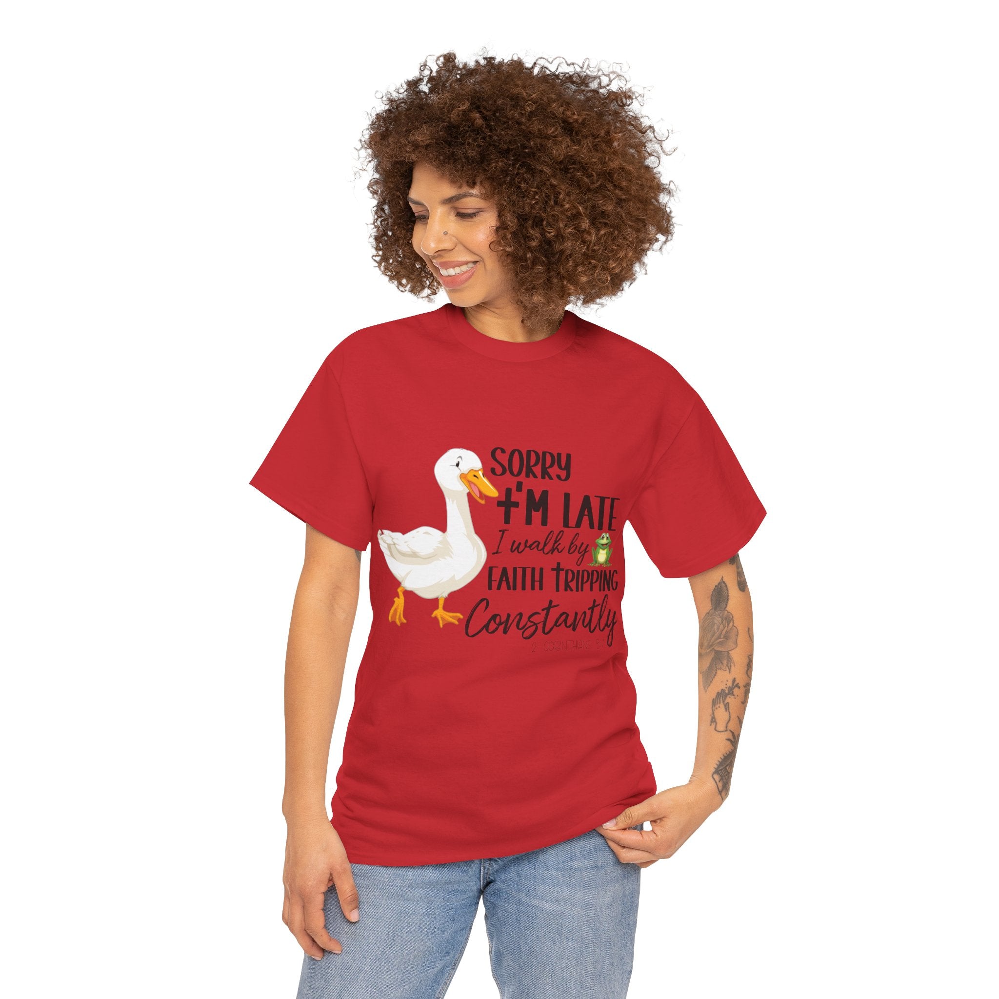 Christian Humor T-Shirt — “Sorry I’m Late, I Walk by Faith Tripping Constantly” (Duck & Frog). Unisex Cotton Tee