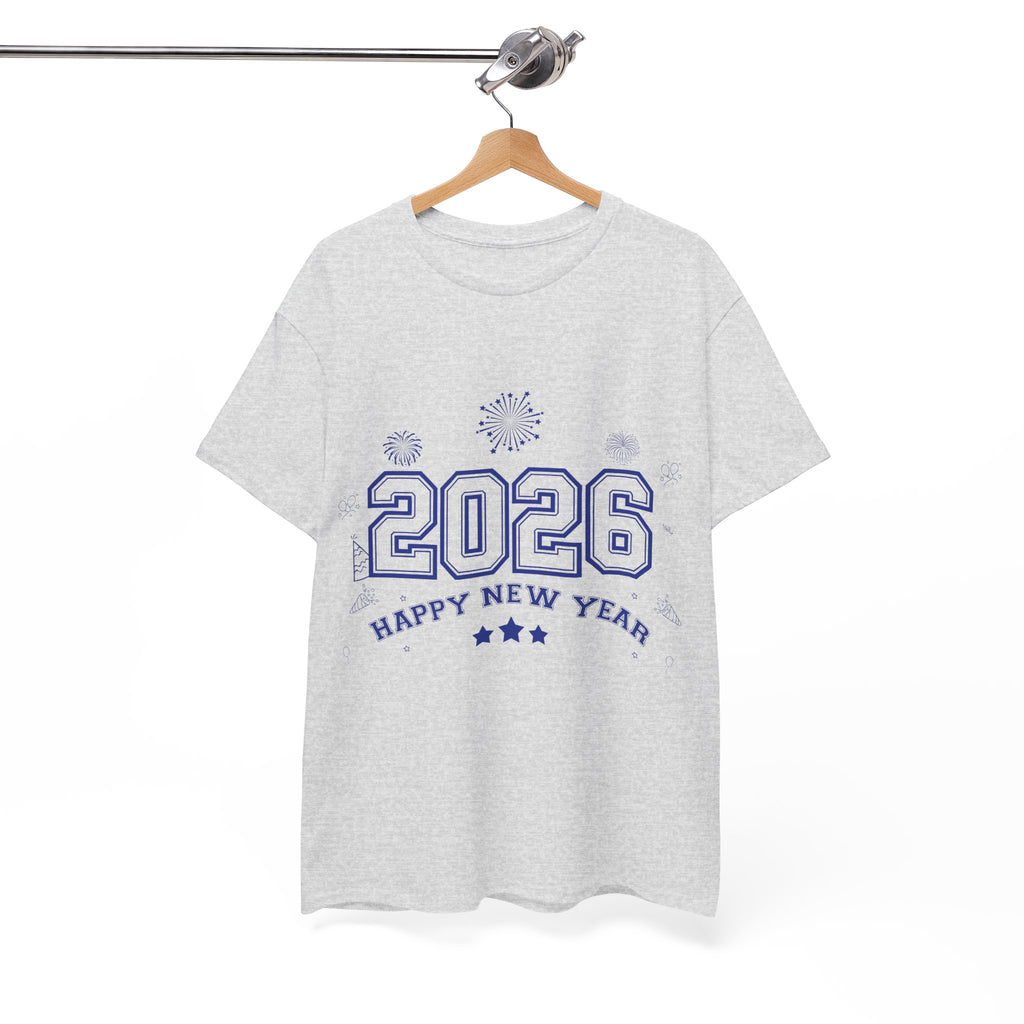 Happy New Year 2026 Varsity Tee — Fireworks & Confetti Celebration Unisex Cotton Tee