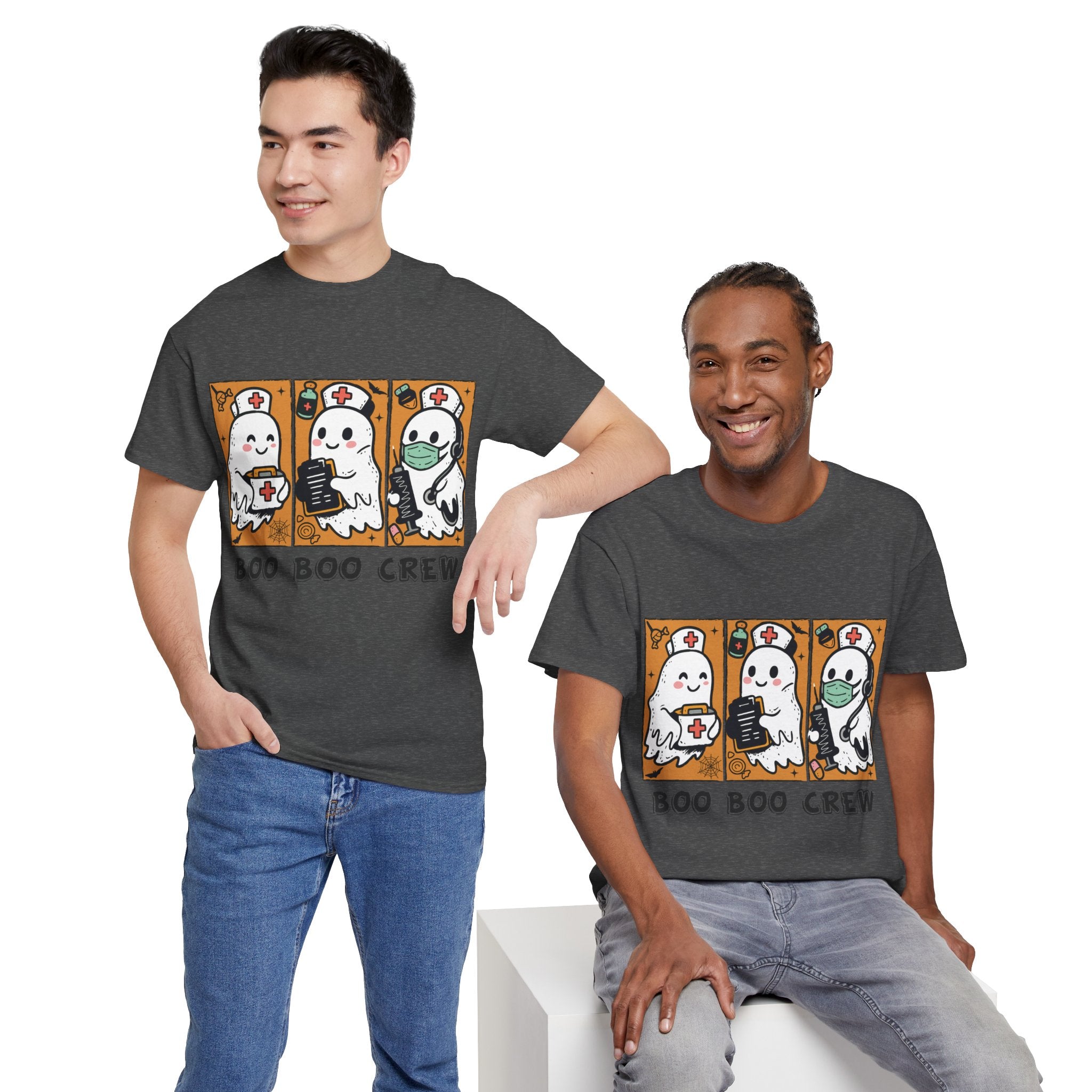 Halloween Nurse T-Shirt — Ghost Nurses Holding Medical Tools on Orange Unisec Cotton Tee