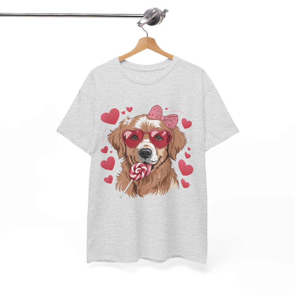 Valentine Dog T-Shirt — Cute Pup with Heart Glasses, Pink Bow & Lollipop..Unisex Cotton Tee