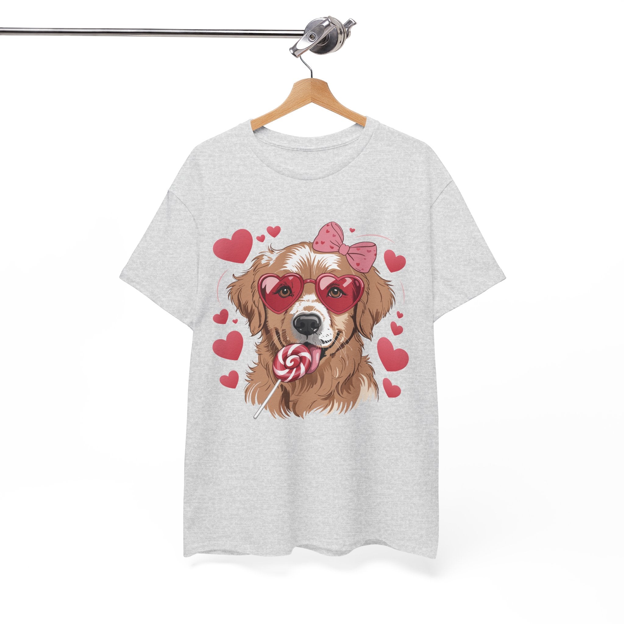 Valentine Dog T-Shirt — Cute Pup with Heart Glasses, Pink Bow & Lollipop..Unisex Cotton Tee