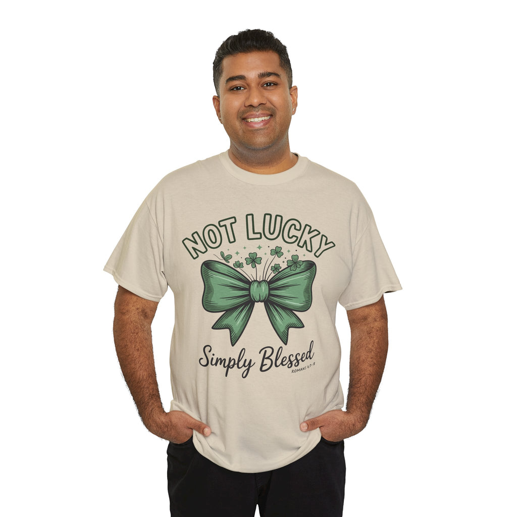 Not Lucky, Simply Blessed T-Shirt — Green Bow & Clovers St. Patrick’s Unisex Cotton Tee