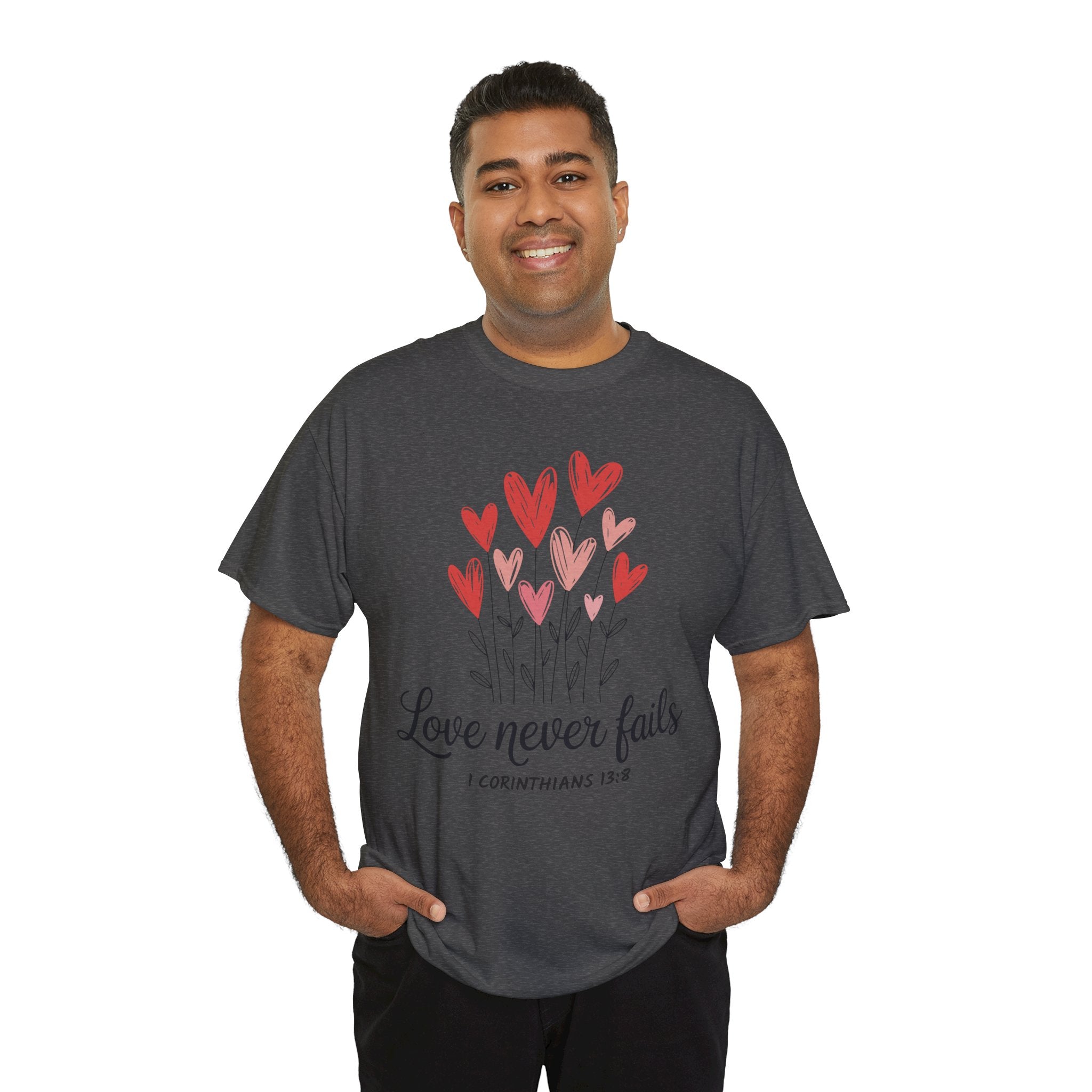Christian Valentine T-Shirt — "Love Never Fails" (1 Corinthians 13:8) Unisex Cotton Tee