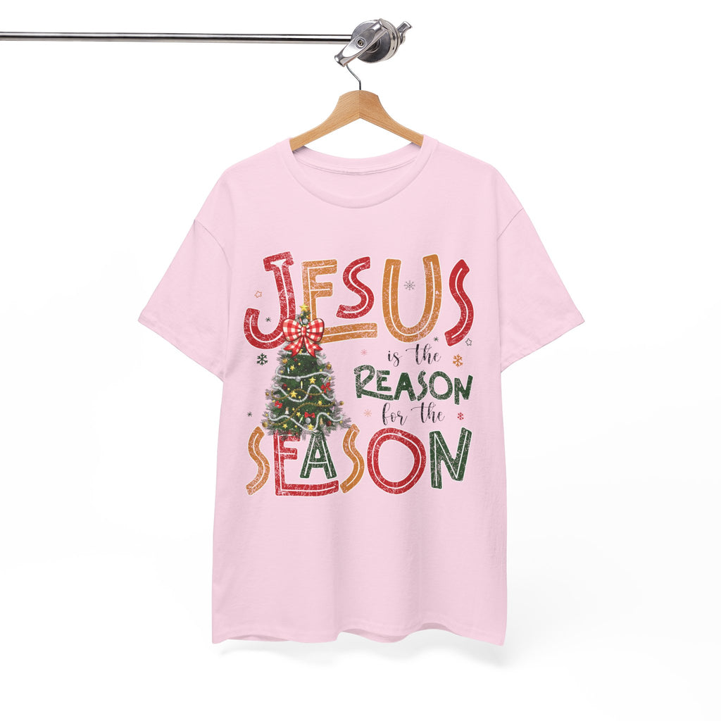 Jesus Is the Reason for the Season Christmas T-Shirt — Plaid Bow Tree..Unisex Cotton Tee
