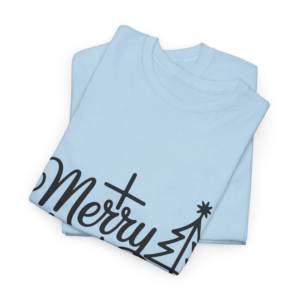 Merry Christmas Script T-Shirt with Cross & Tree(Unisex Cotton Tee)