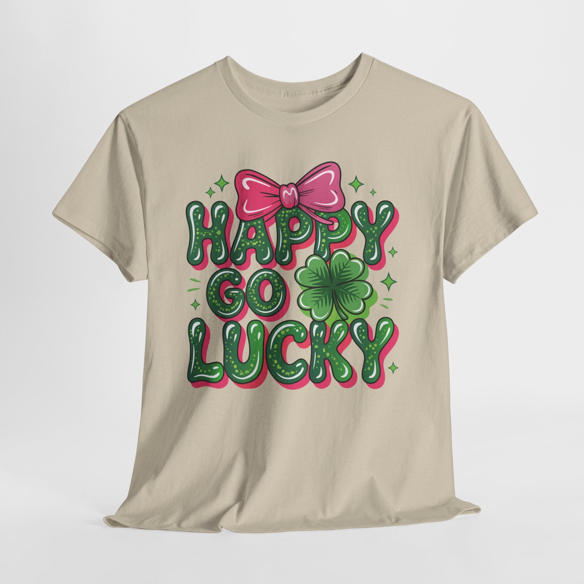 Happy Go Lucky Four-Leaf Clover Tee — Glossy Green Letters & Pink Bow Unisex Cotton Tee