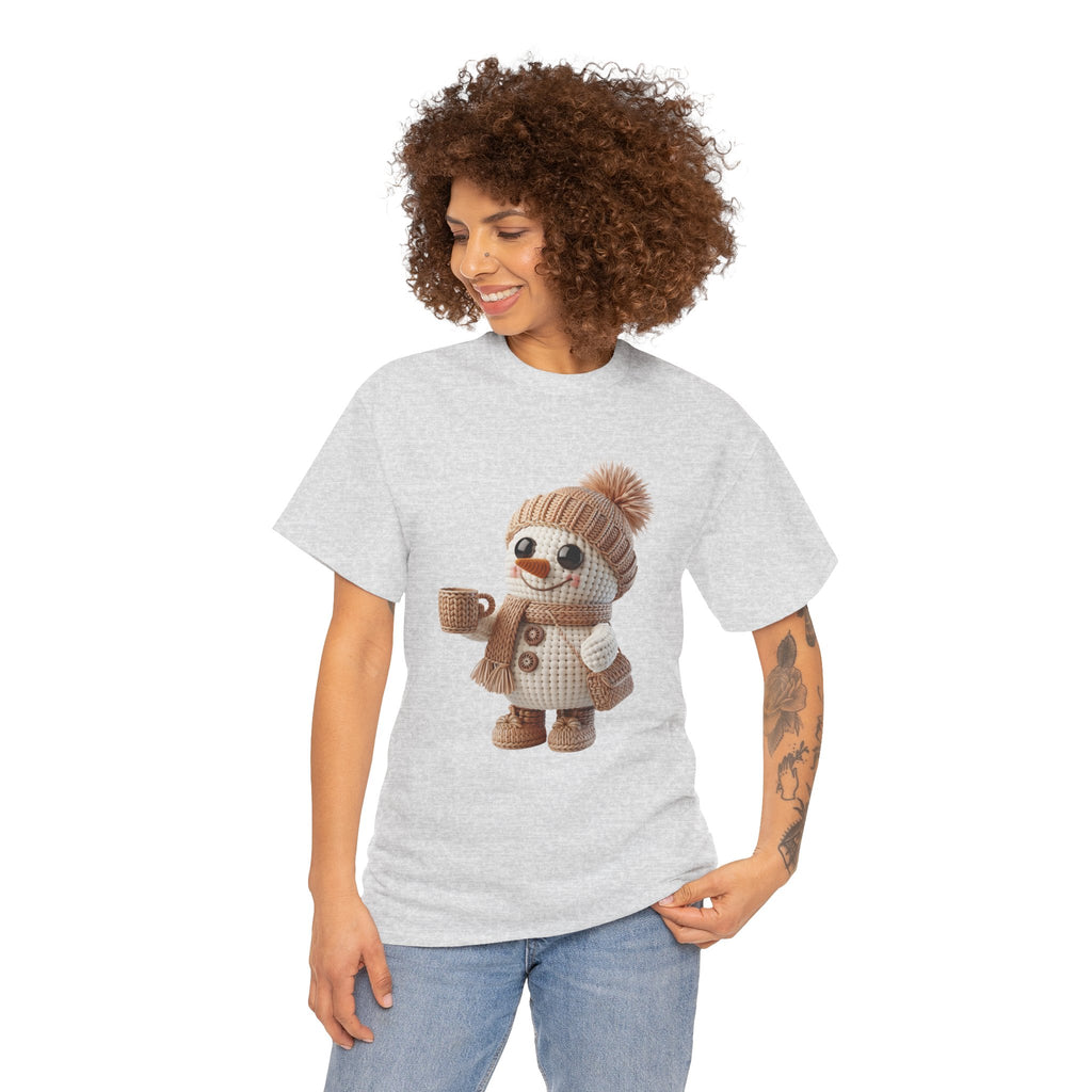 Cozy Snowman Tee — Smiling Snowman with Mug, Scarf & Beanie. Unisex Cotton Tee