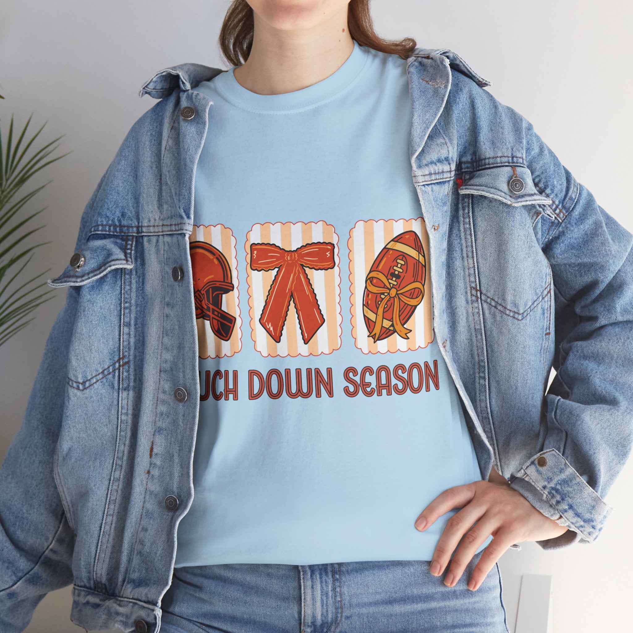 Touch Down Season Football Tee — Striped Fall Helmet & Bow Design Unisex Cotton Tee