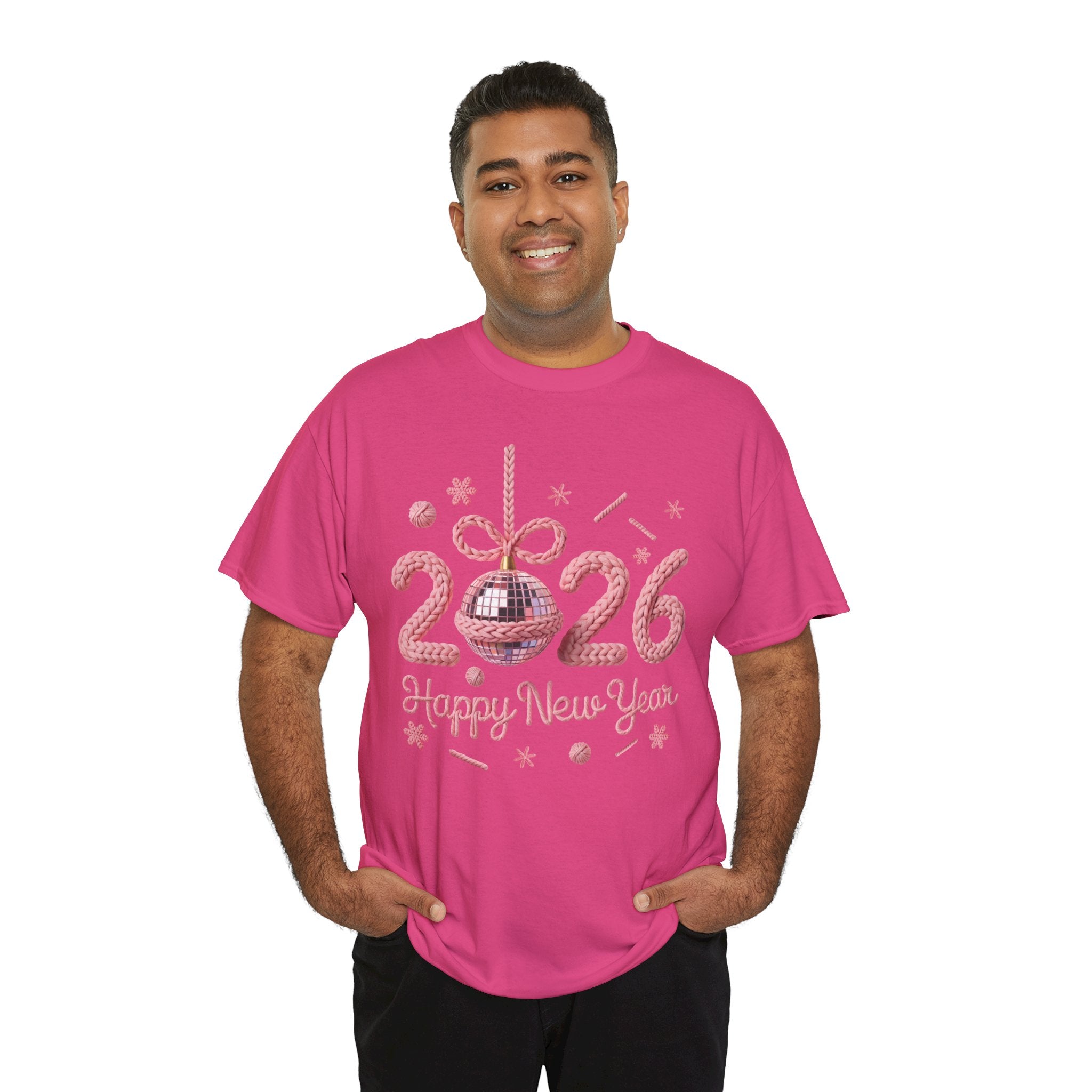 2026 Happy New Year Pink Knitted Disco Ball Unisex Cotton Tee