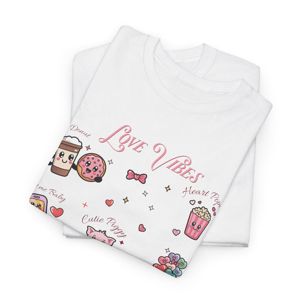 Love Vibes Kawaii Valentine T-Shirt — Cute Donut, Coffee & Piglet Design Unisex Cotton Tee