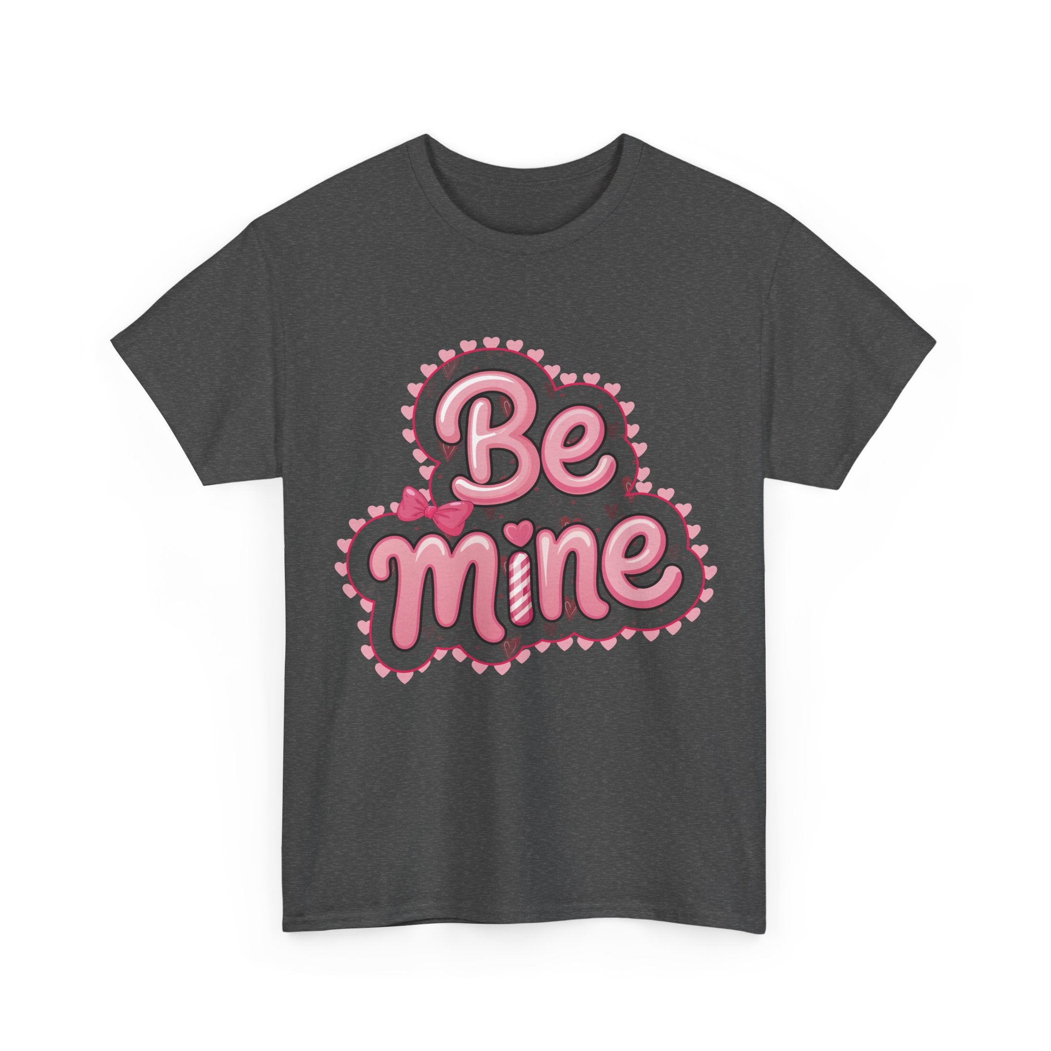Be Mine Valentine T-Shirt — Pink Bubble Letters with Hearts & Bow..Unisex Cotton Tee