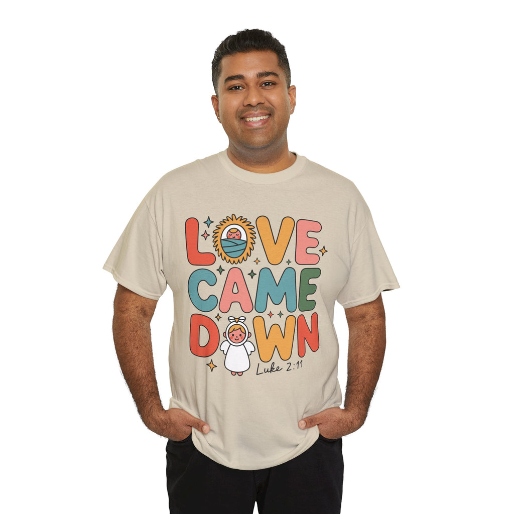 Love Came Down Christmas Tee — Baby Jesus Manger Angel (Luke 2:11)..Unisex Cotton Tee