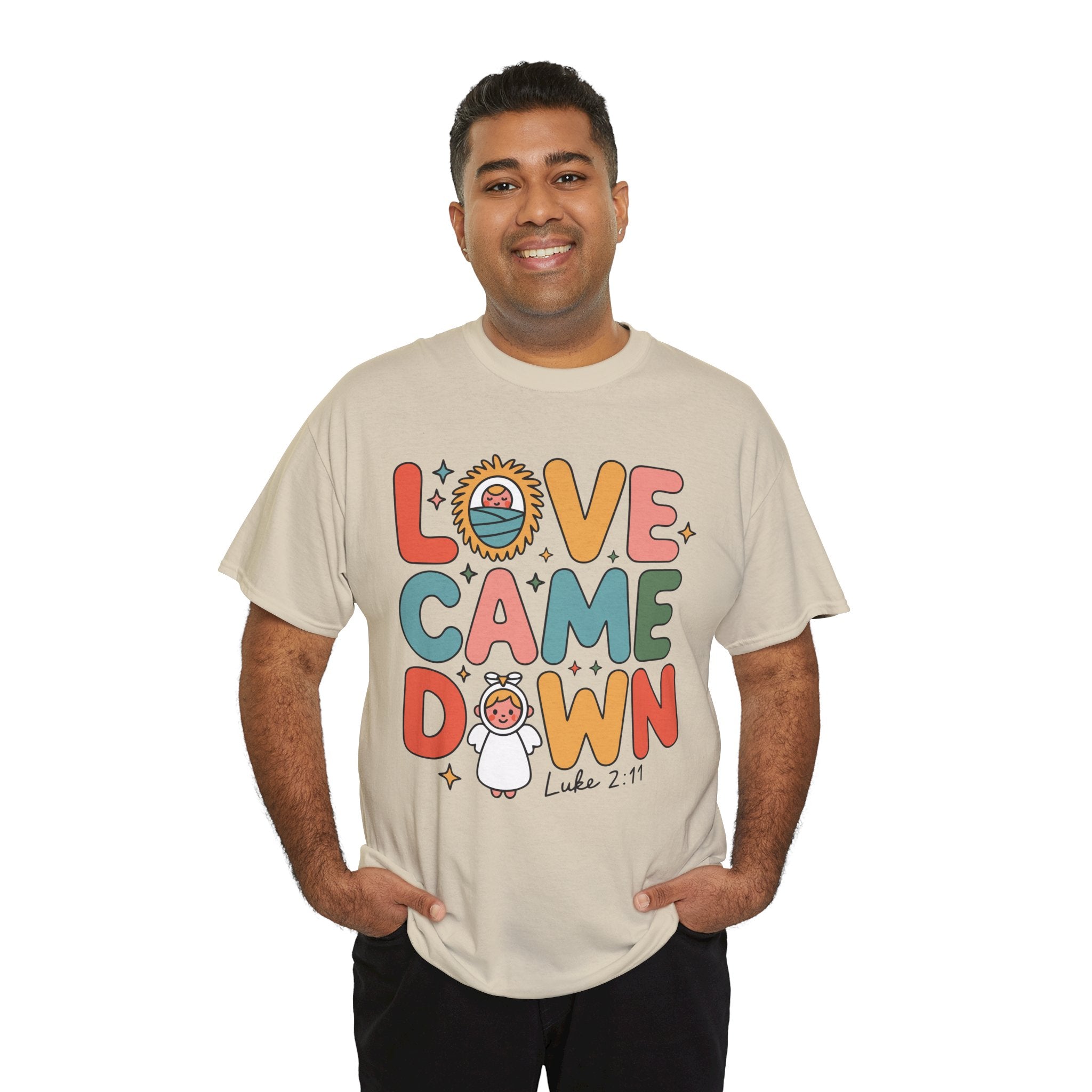 Love Came Down Christmas Tee — Baby Jesus Manger Angel (Luke 2:11)..Unisex Cotton Tee