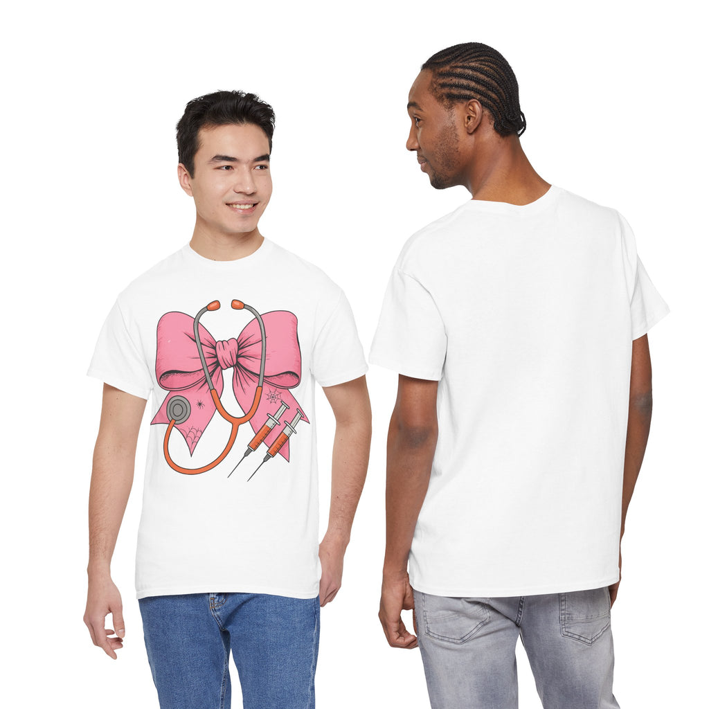 Halloween Nurse T‑Shirt — Pink Nurse Bow with Stethoscope, Syringes & Spider Webs..Unisex Cotton Tee