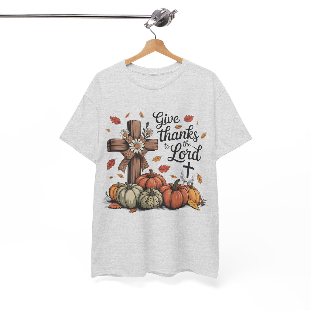 Give Thanks to the Lord Autumn Tee — Wooden Cross, Pumpkins & Daisies..Unisex Cotton Tee
