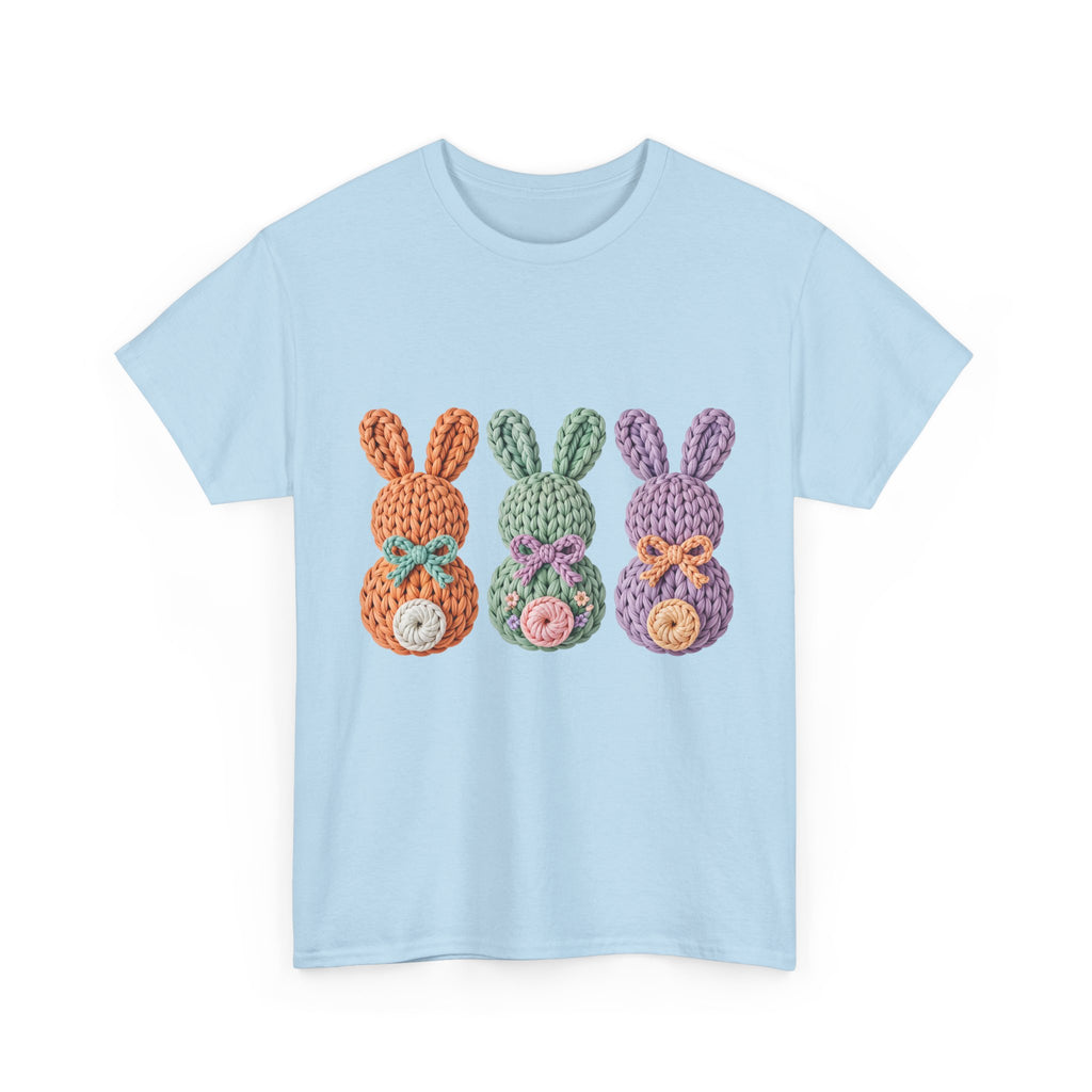 Pastel Crochet Bunny Tee — Trio of Faux Knit Bunnies with Bows & Flowers Unisex Cotton Tee