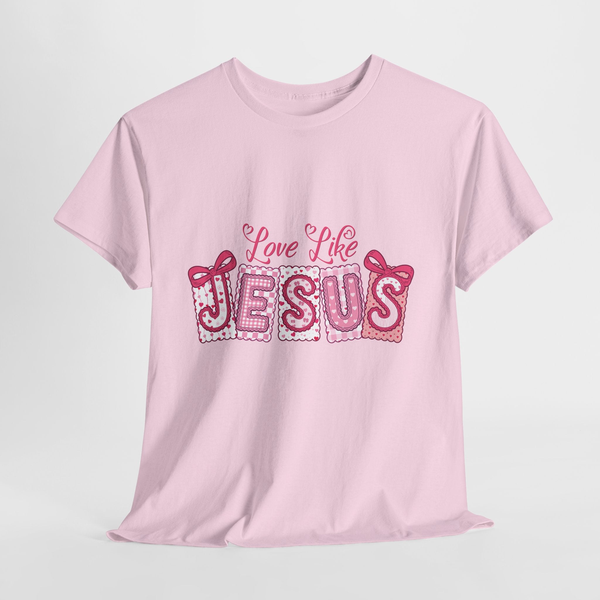 Love Like Jesus Patchwork Tee — Pink Stitched Heart Graphic.Unisex Cotton Tee