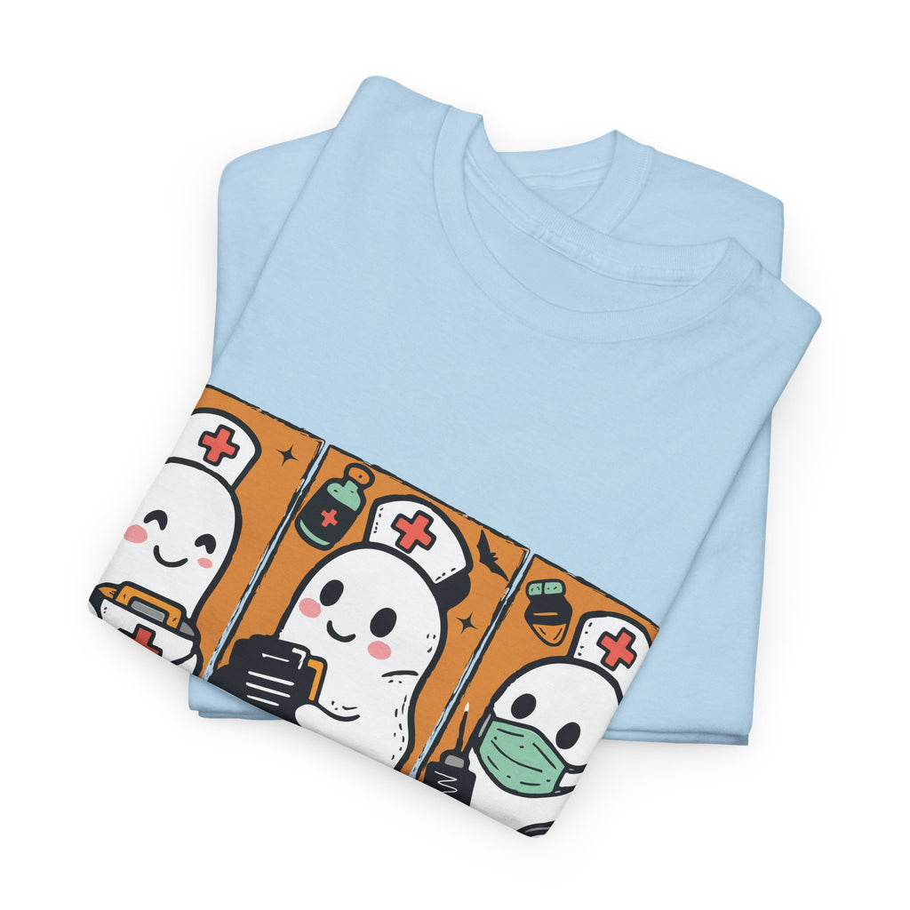 Halloween Nurse T-Shirt — Ghost Nurses Holding Medical Tools on Orange Unisec Cotton Tee