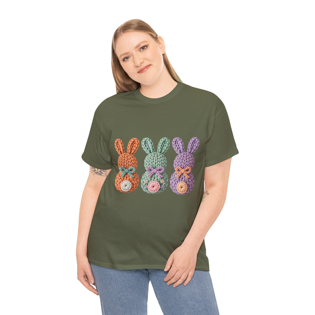 Pastel Crochet Bunny Tee — Trio of Faux Knit Bunnies with Bows & Flowers Unisex Cotton Tee