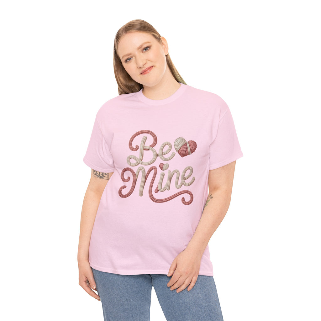 Be Mine Yarn Heart T-Shirt — Valentine’s Faux-Yarn Pink & Cream Unisex Cotton Tee