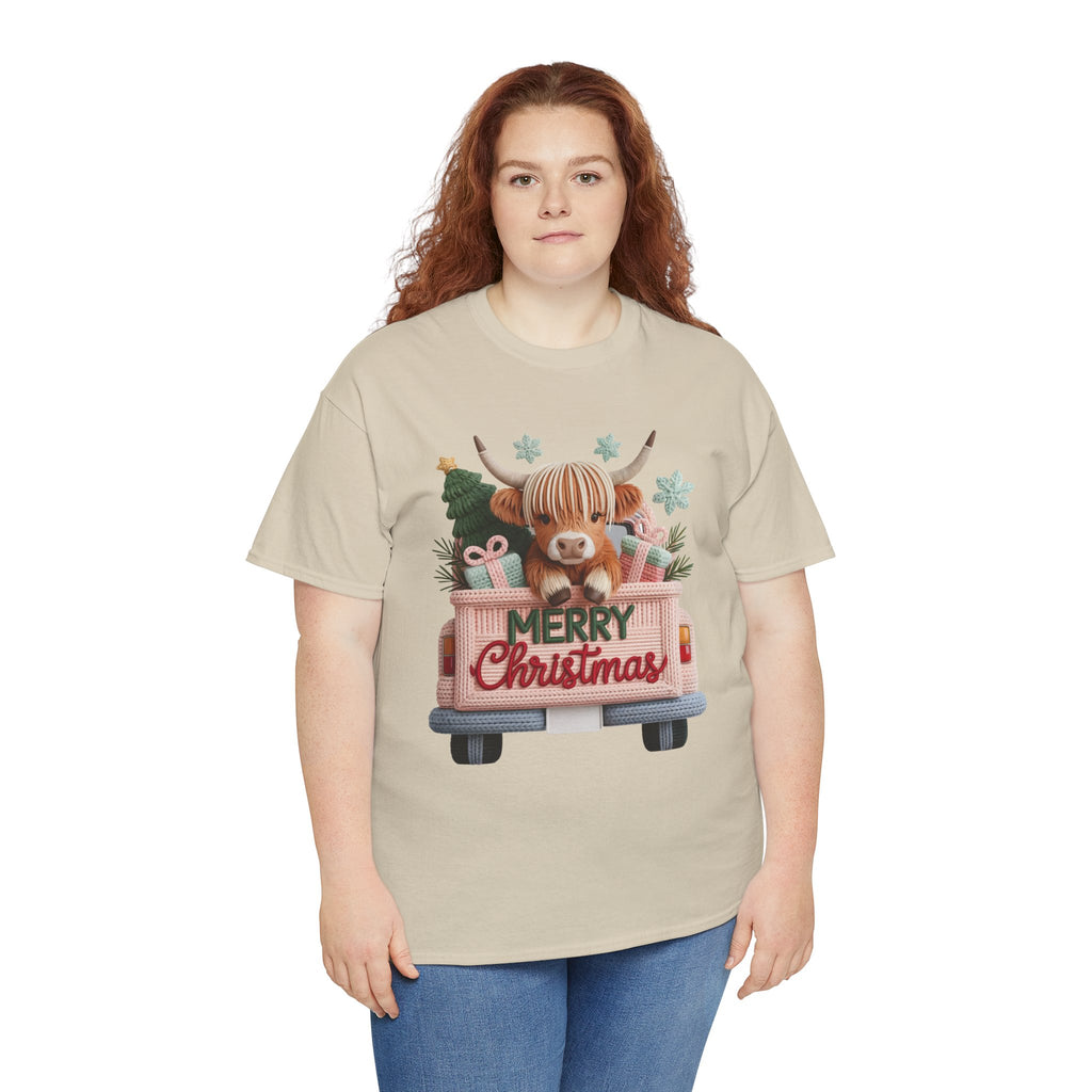 Merry Christmas Highland Cow Knit Truck Unisex Cotton T-Shirt