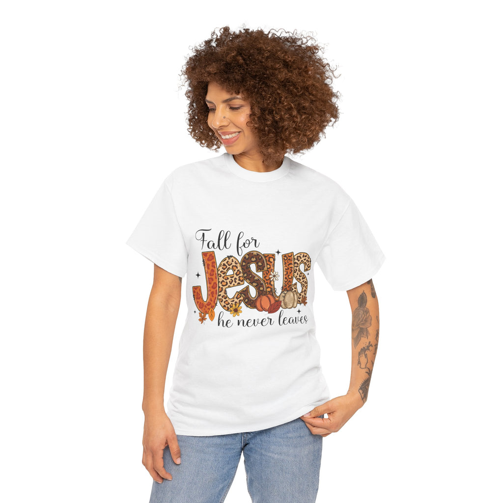 JESUS Leopard Print Fall T-Shirt — Pumpkins, Leaves & Floral Christian Unisex Cotton Tee