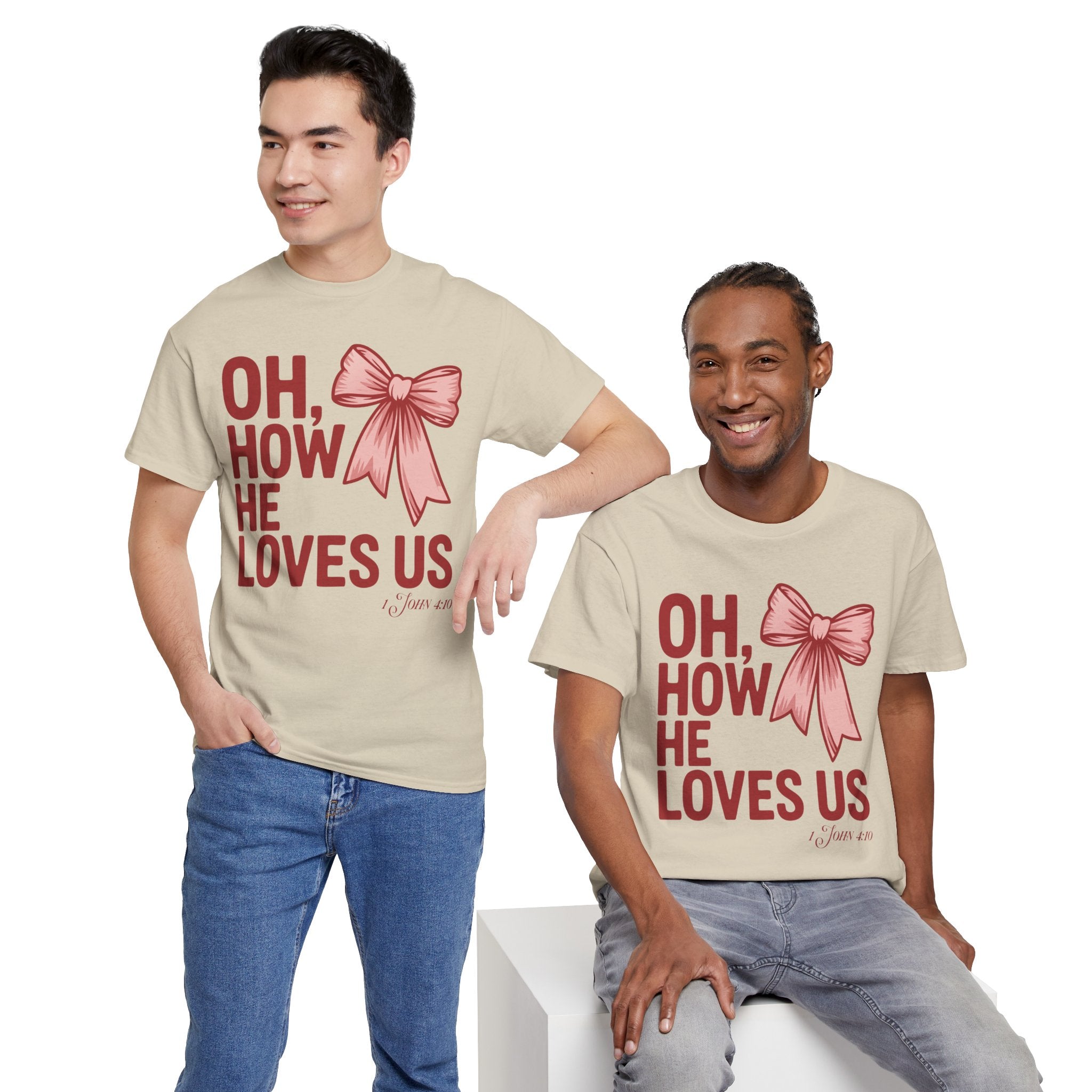 Oh, How He Loves Us Christian Valentine Tee — 1 John 4:10 Red & Pink Unisex Cotton Tee