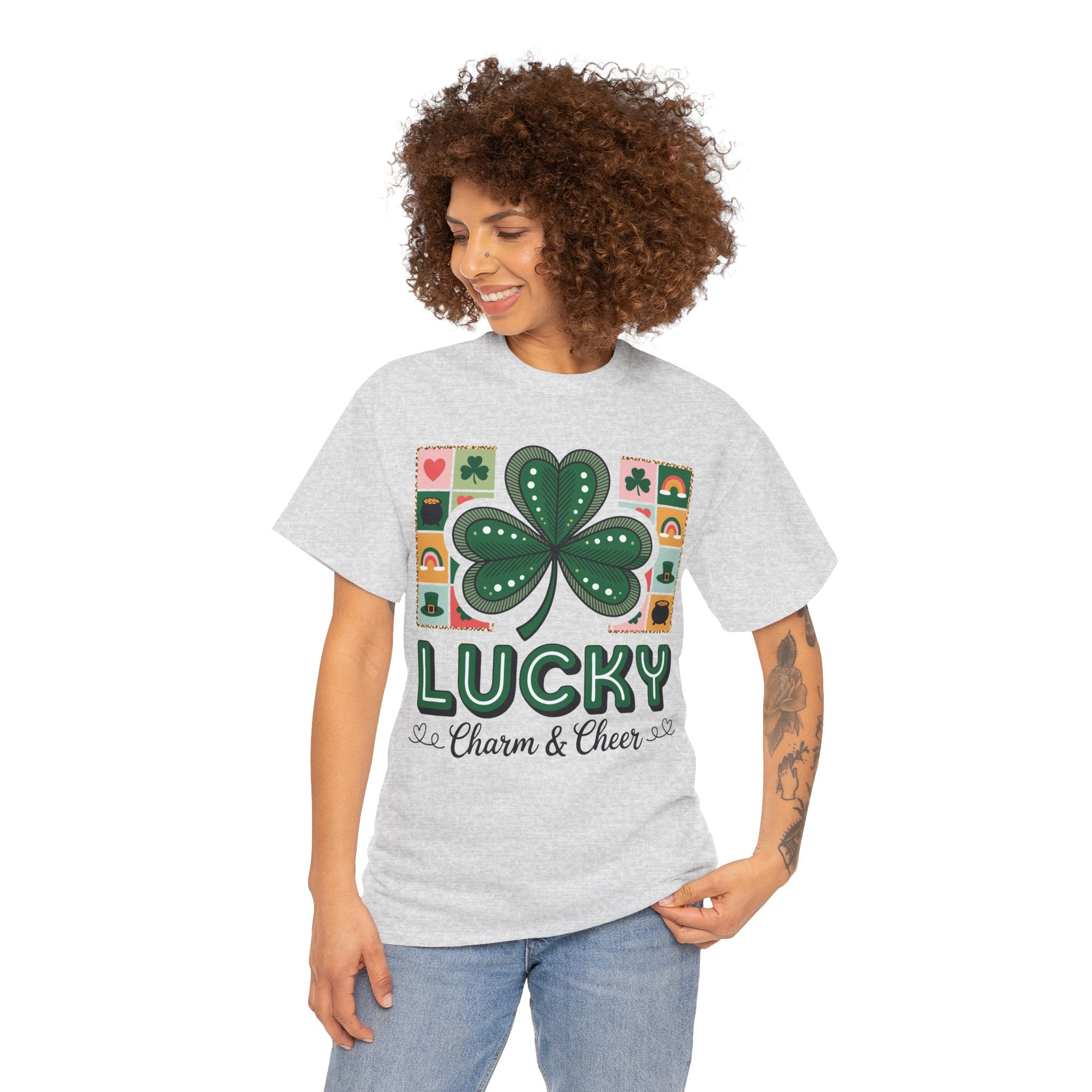 Lucky Charm & Cheer Clover Tee — Patchwork St. Patrick’s Day Unisex Cotton T-Shirt